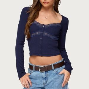 Edikted Navy Blue Lace Trim Button-Up Top